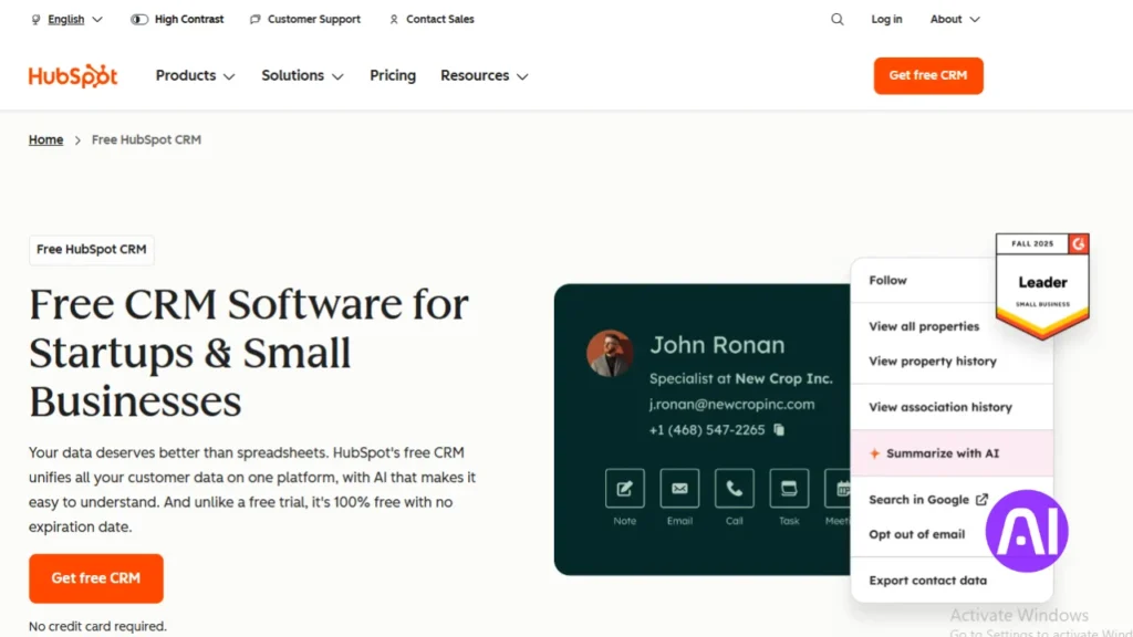 HubSpot dashboard showing free CRM software metrics for using AI Tools for Startup.