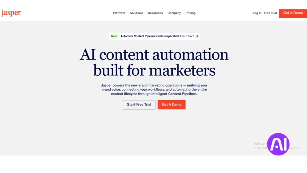 A screenshot of the Jasper website promoting "AI content automation built for marketers," which uses intelligent Content Pipelines.