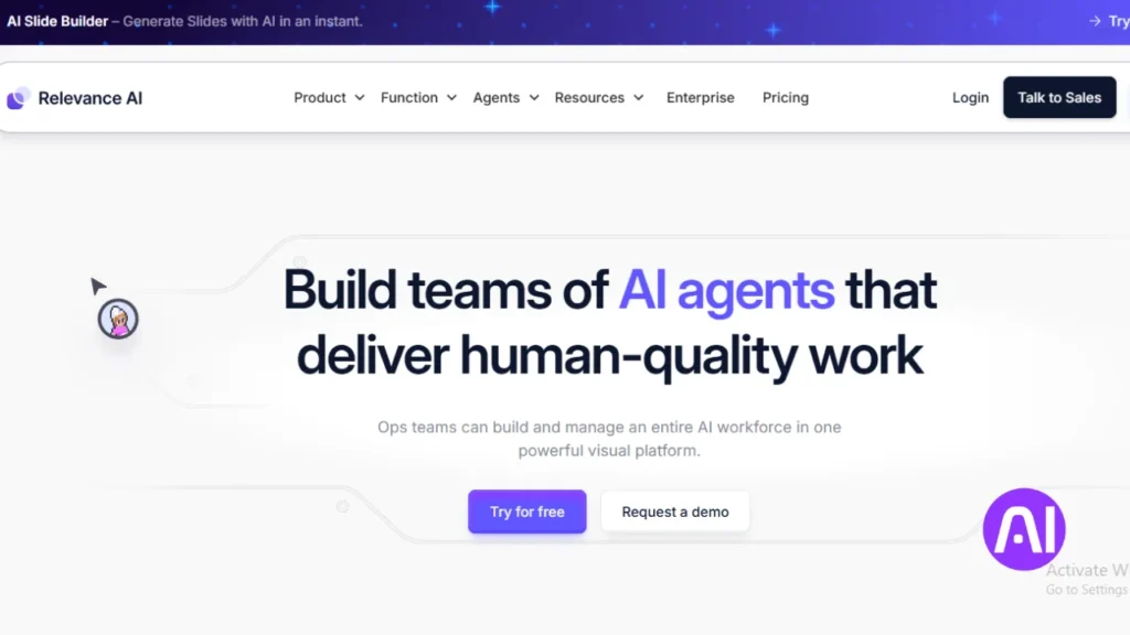 Screenshot of the Relevance AI website with the headline "Build teams of AI agents that deliver human-quality work."