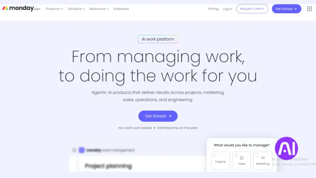 A screenshot of the monday.com website promoting its "AI work platform" for managing work and delivering results across multiple departments.