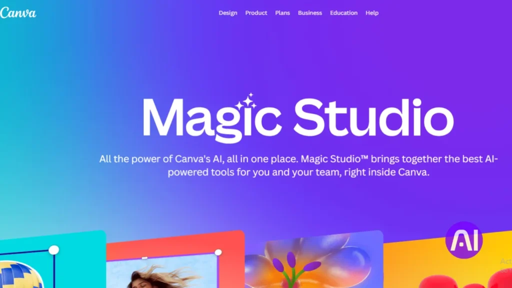 A screenshot of the Canva website promoting "Magic Studio," which combines all of Canva's AI-powered design tools in one place.