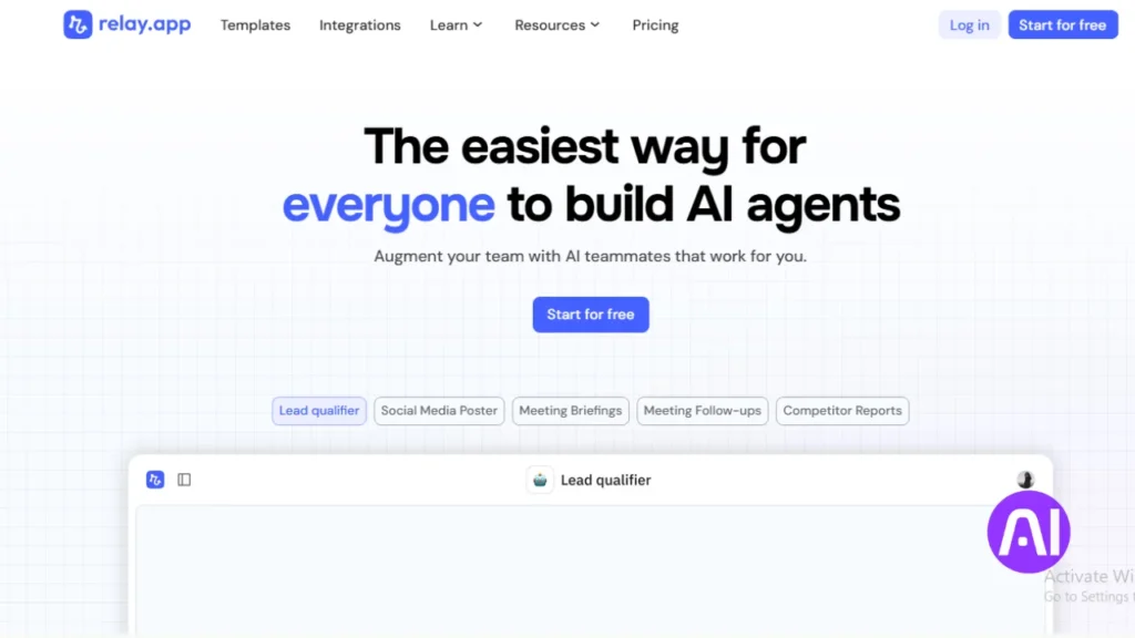 Screenshot of the Relay.app website promoting its platform as "The easiest way for everyone to build AI agents."