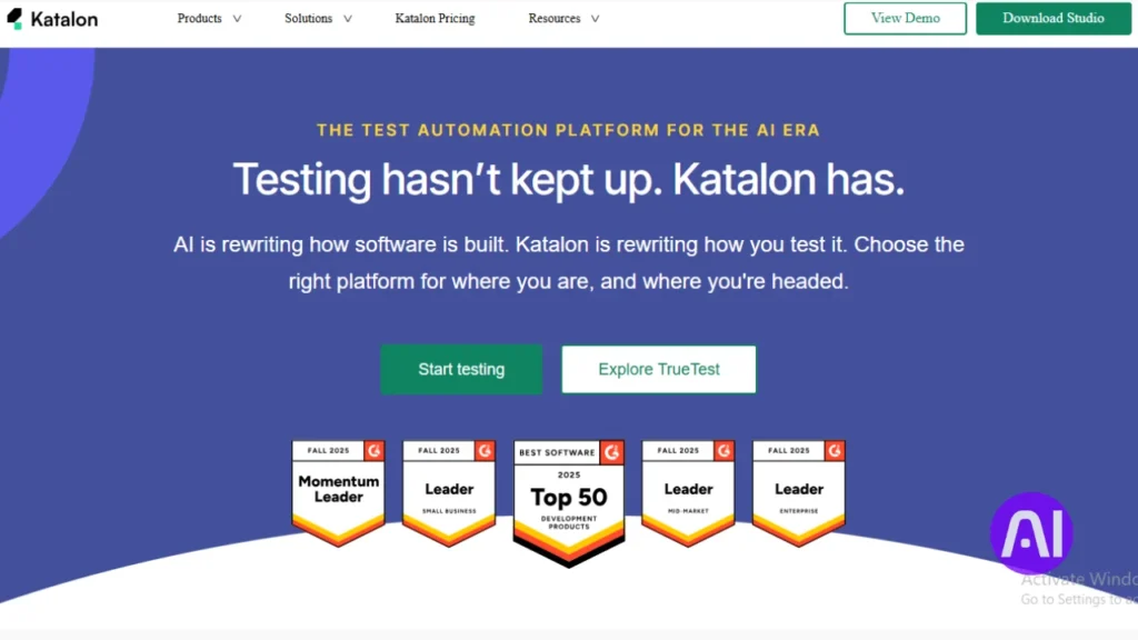 Screenshot of the Katalon website promoting itself as "THE TEST AUTOMATION PLATFORM FOR THE AI ERA" with several industry awards displayed.