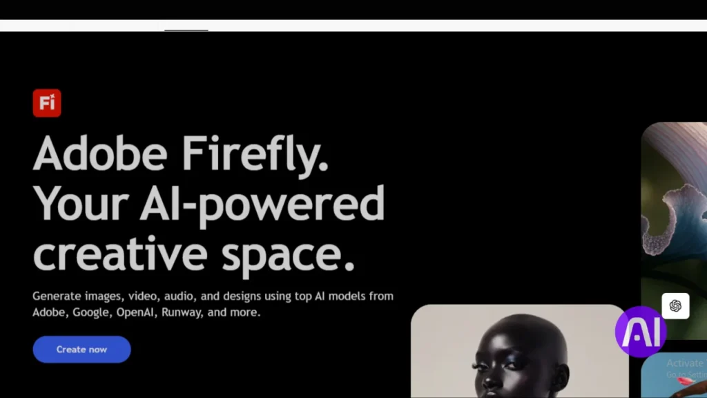 A screenshot of the Adobe website promoting "Adobe Firefly. Your AI-powered creative space," for generating images, video, audio, and designs.