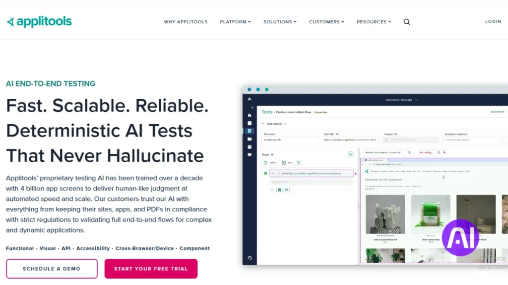 Screenshot of the Applitools website advertising "Fast. Scalable. Reliable. Deterministic AI Tests That Never Hallucinate" with a demo screen showing a test flow.