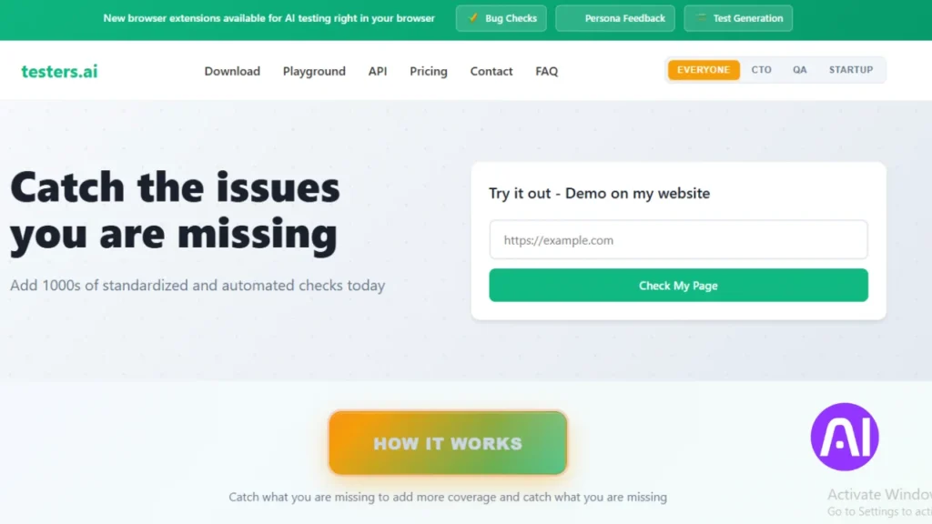 Screenshot of the testers.ai website with the main text "Catch the issues you are missing" and a demo input field.