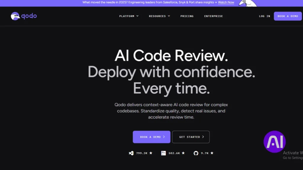 Qodo AI code review platform interface for context-aware debugging and real-time issue detection.