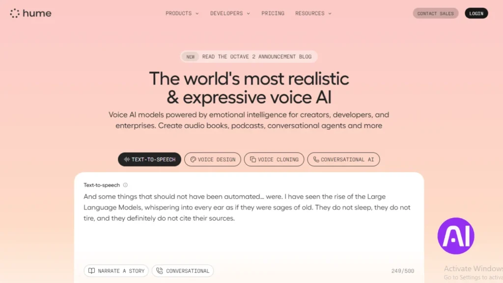 A screenshot of the Hume AI website homepage with a pink and white gradient background. The headline reads: "The world's most realistic & expressive voice AI." It is described as a Voice AI model powered by emotional intelligence, with buttons for "TEXT-TO-SPEECH," "VOICE DESIGN," "VOICE CLONING," and "CONVERSATIONAL AI."