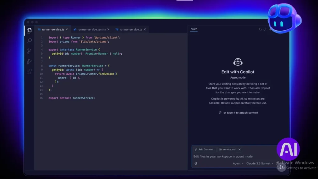 GitHub Copilot Edit mode showing AI-powered code suggestions and debugging in a code editor.