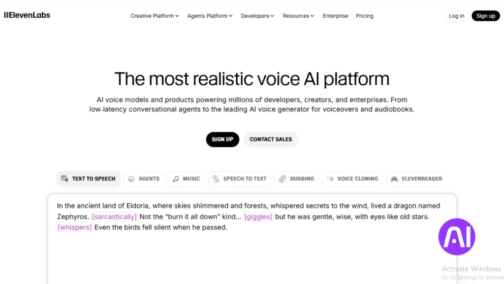 ElevenLabs voice AI platform homepage, proclaiming it as 'The most realistic voice AI platform,' with options for Text to Speech, Voice Cloning, and Speech to Text.