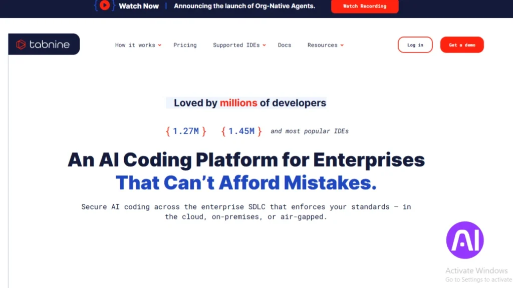 Tabnine AI coding platform for enterprises focusing on secure, mistake-free software development.