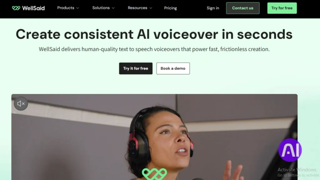 WellSaid AI homepage showing a text-to-speech platform for creating consistent, human-quality AI voiceovers with demo and free trial options.