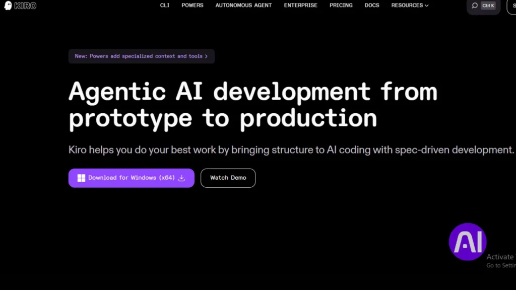 Kiro agentic AI development platform showing tools for structured, spec-driven AI coding.