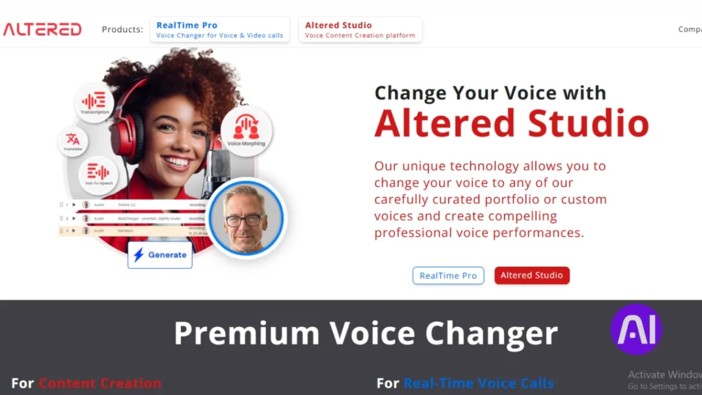 A screenshot of the Altered Studio website homepage, a "Voice Content Creation platform." The page is dominated by the headline "Change Your Voice with Altered Studio," explaining that the technology allows changing a user's voice to a custom or curated professional voice. An image shows a woman with headphones and a man's portrait, surrounded by icons for transcription, translation, and voice morphing.