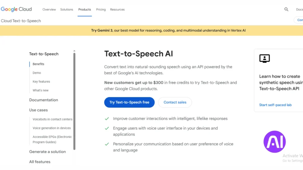 A screenshot of the Google Cloud Text-to-Speech AI product page, showing a description: "Convert text into natural-sounding speech using an API powered by the best of Google's AI technologies." It highlights a $300 credit for new customers and benefits like improving customer interactions.