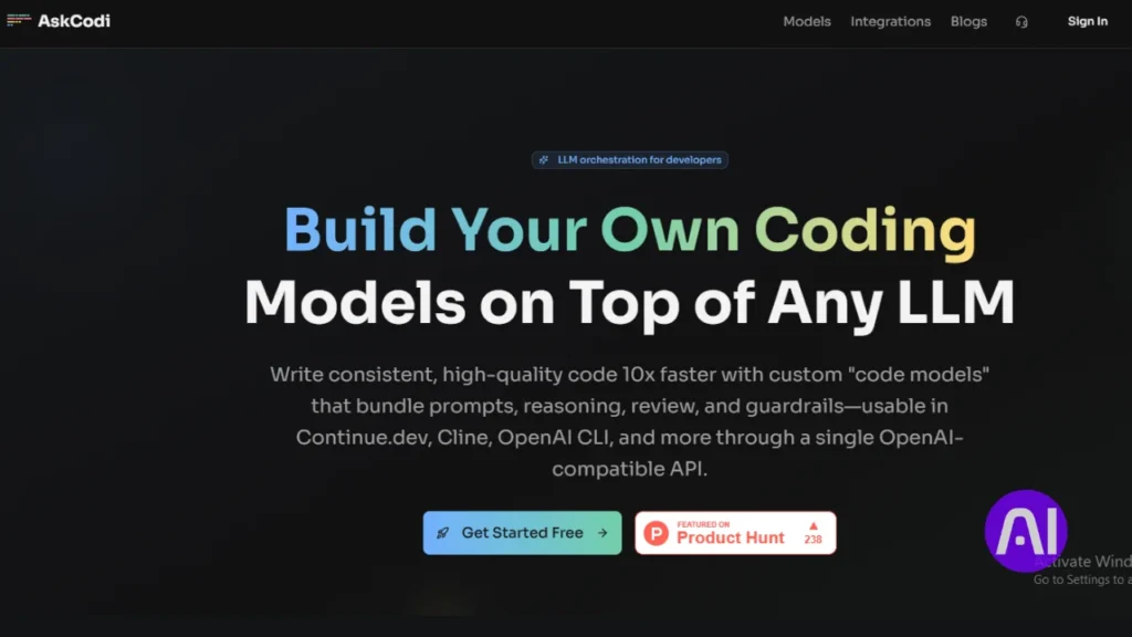AskCodi interface for building custom coding models to write and debug code 10x faster.