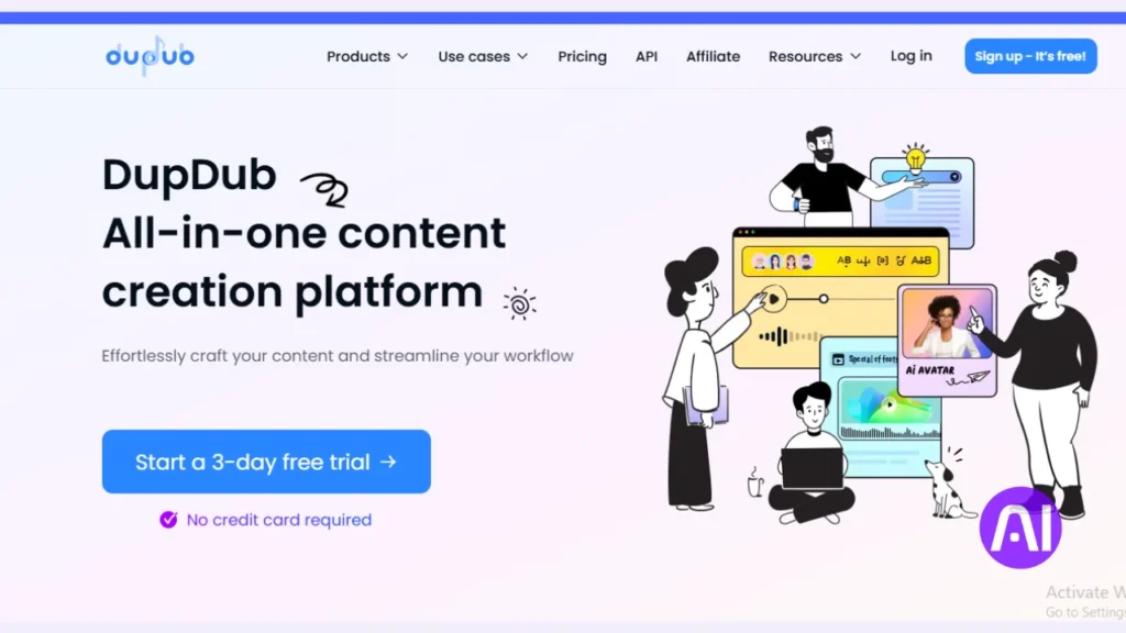 A screenshot of the DupDub website homepage, an "All-in-one content creation platform." It features a blue button to "Start a 3-day free trial" with "No credit card required," alongside a cartoon illustration of people interacting with digital content and AI tools on screens.