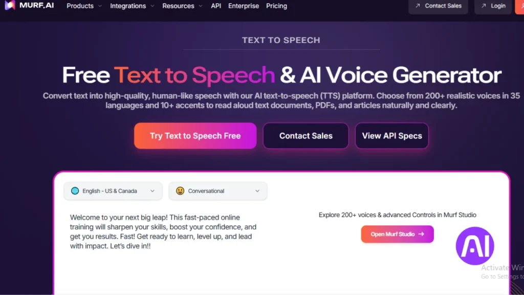 A screenshot of the Murf.AI website homepage, advertising a "Free Text to Speech & AI Voice Generator." The page claims it converts text into high-quality, human-like speech with over 200 realistic voices and features prominent buttons like "Try Text to Speech Free" and "Open Murf Studio."