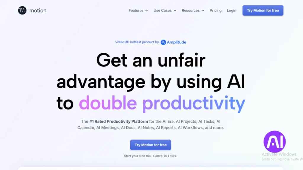 Screenshot of the Motion landing page with the headline "Get an unfair advantage by using AI to double productivity," marketed as a top-rated AI productivity platform.