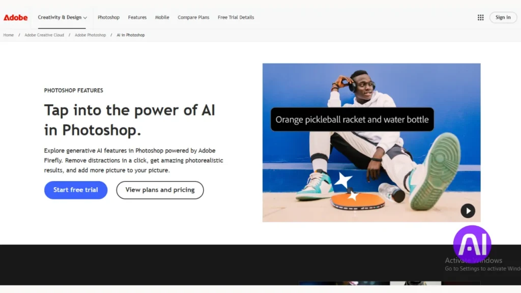 The Adobe Photoshop website showing an 'AI in Photoshop' feature where a user can type a text prompt like 'Orange pickleball racket and water bottle' to generate objects directly into a photo.