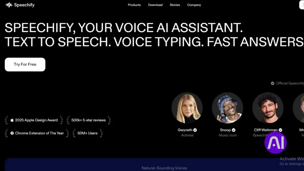 A screenshot of the Speechify website homepage on a black background. The text reads "SPEECHIFY, YOUR VOICE AI ASSISTANT. TEXT TO SPEECH. VOICE TYPING. FAST ANSWERS." It features celebrity faces like Gwyneth and Snoop and highlights achievements like "2025 Apple Design Award" and "50M+ Users."