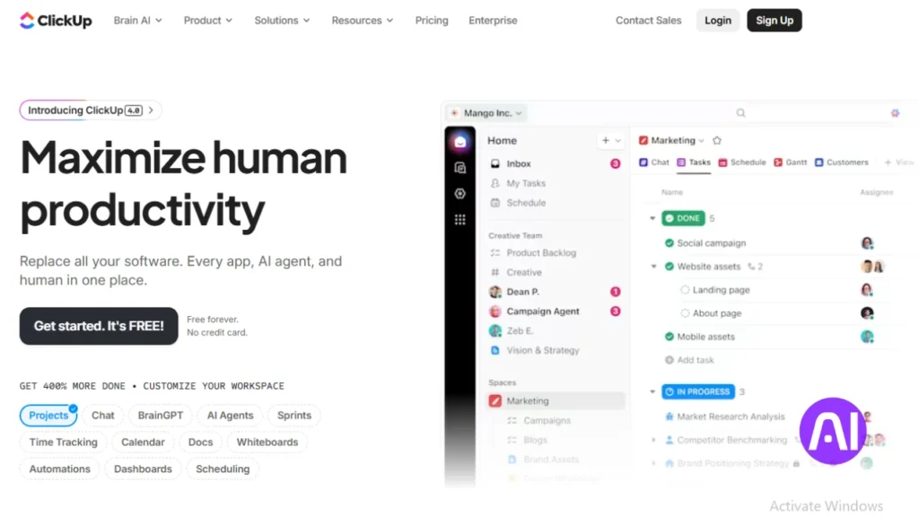 Screenshot of ClickUp 4.0 interface highlighting its ability to "Maximize human productivity" by replacing multiple software apps with one AI-powered workspace.