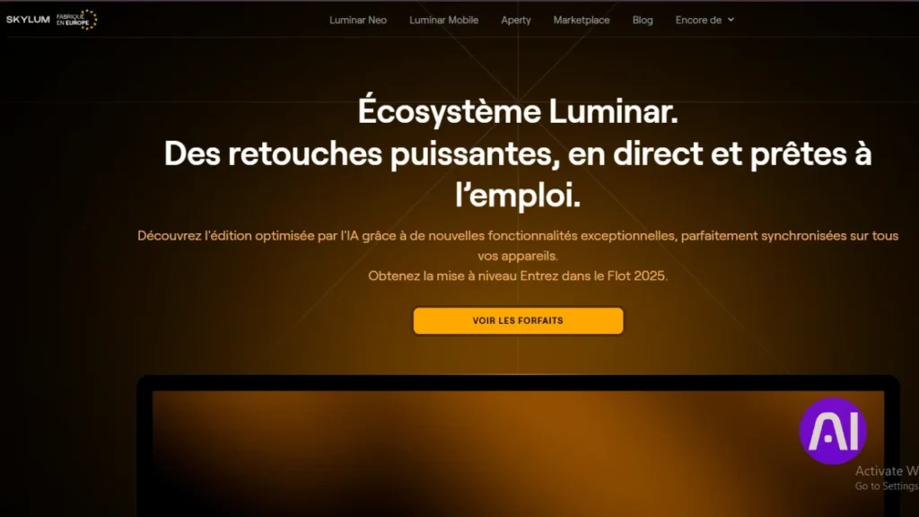 The Skylum Luminar Neo French landing page describing their AI ecosystem for powerful, ready-to-use photo retouching across multiple devices.