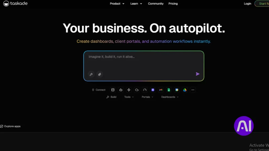 Screenshot of Taskade’s dark-themed landing page with the headline "Your business. On autopilot," showcasing AI automation workflows and a central dashboard.