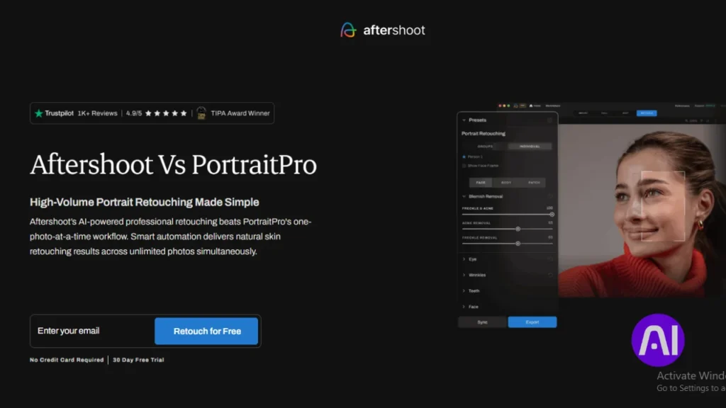 a comparison page for Aftershoot vs. PortraitPro, highlighting Aftershoot's high-volume AI portrait retouching workflow and automated blemish removal interface.