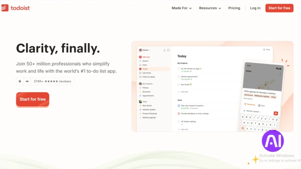 Screenshot of the Todoist interface showing a clean "Today" task list on both desktop and mobile, with the headline "Clarity, finally."