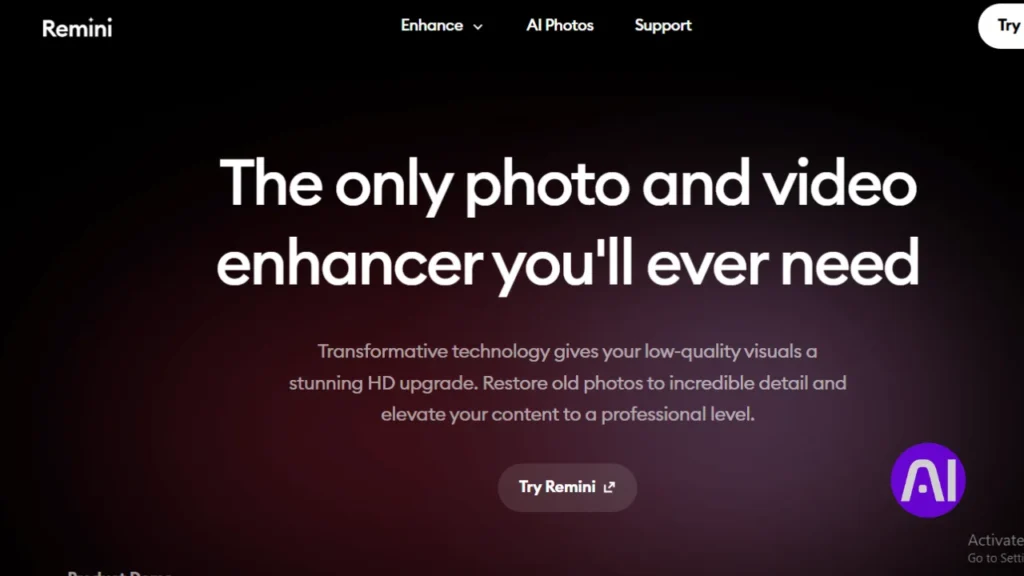 The Remini website homepage featuring the headline 'The only photo and video enhancer you’ll ever need' with a focus on restoring old photos to HD quality.