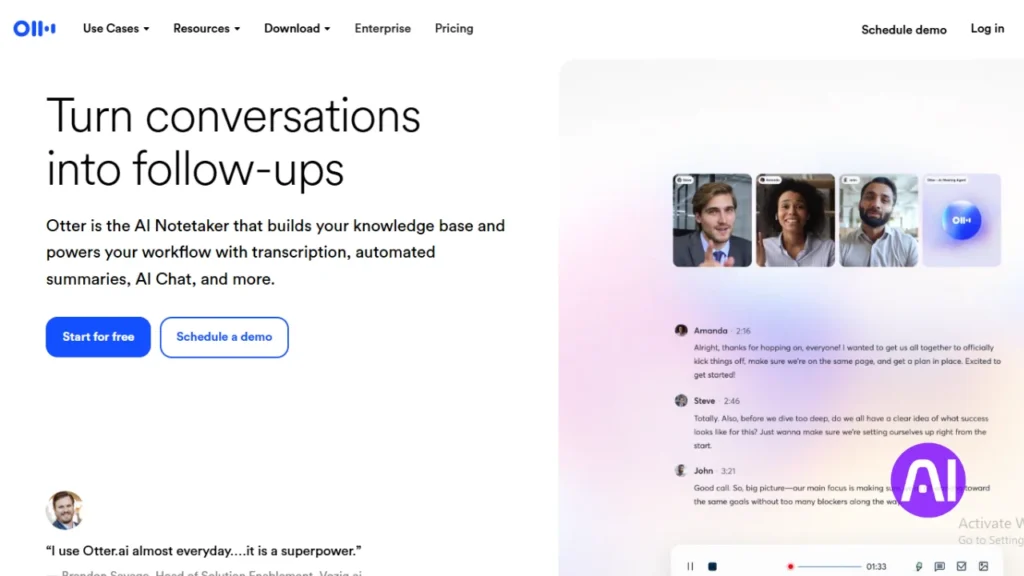 A vibrant, futuristic vision of the power of voice technology. In the foreground, a stylized microphone stands tall, its sleek design radiating a sense of advanced audio capture. The middle ground features a dynamic, holographic voice waveform pulsing with energy, representing the digital processing and analysis capabilities of the Otter.ai platform. In the background, a cityscape of towering skyscrapers and gleaming surfaces creates a sophisticated, urban atmosphere, hinting at the enterprise-level applications of this voice AI tool. Dramatic, directional lighting casts dramatic shadows, imbuing the scene with a sense of sophistication and technological prowess. Homepage of Otter.ai, an AI notetaker described as a tool to 'Turn conversations into follow-ups' with transcription, automated summaries, and AI Chat.
