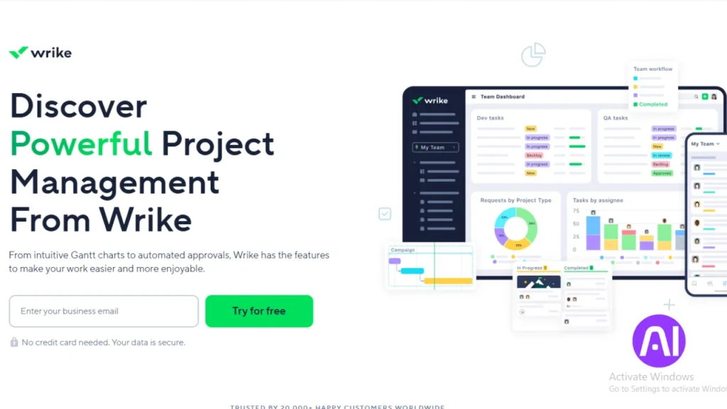 Screenshot of Wrike’s project management platform featuring a team dashboard with Gantt charts, task statuses, and productivity analytics.