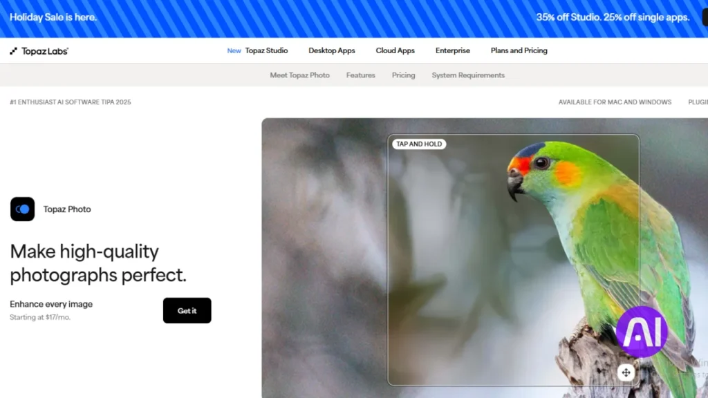 The Topaz Labs website showing 'Topaz Photo,' an AI tool for sharpening and enhancing photographs, demonstrated with a high-detail close-up of a colorful bird.