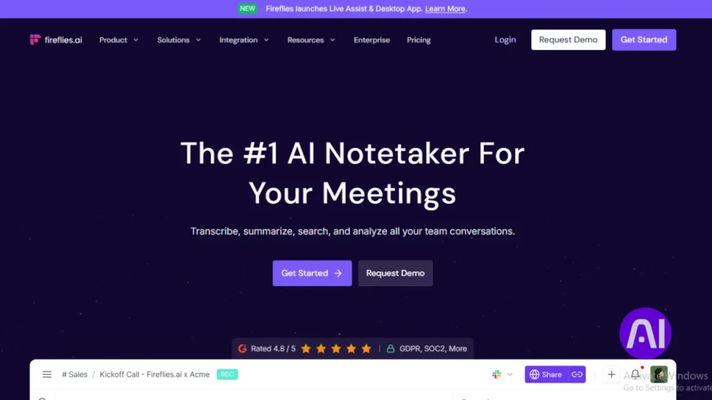 Homepage of Fireflies.ai, an AI notetaker for meetings, featuring the headline 'The #1 AI Notetaker For Your Meetings' and a call to action to 'Get Started'.