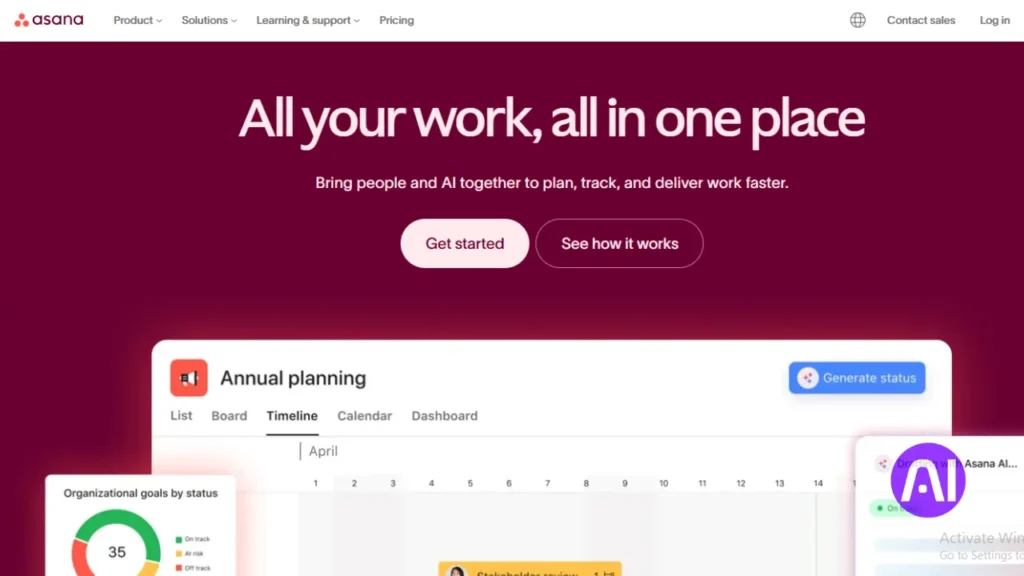 Screenshot of the Asana homepage with the headline "All your work, all in one place," showing a timeline view for annual planning and AI status generation.