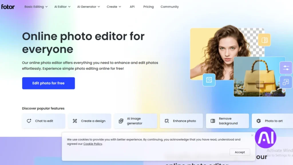 The Fotor online photo editor website showcasing various AI tools including an image generator, background remover, and an 'enhance photo' feature.
