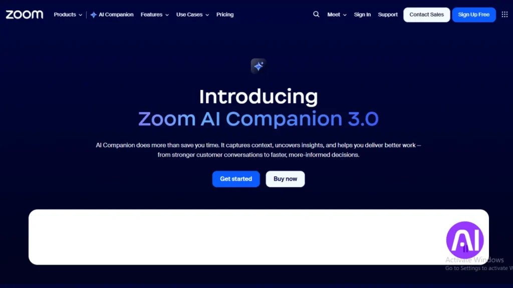 Zoom landing page introducing 'Zoom AI Companion 3.0,' stating it 'captures context, uncovers insights, and helps you deliver better work.'