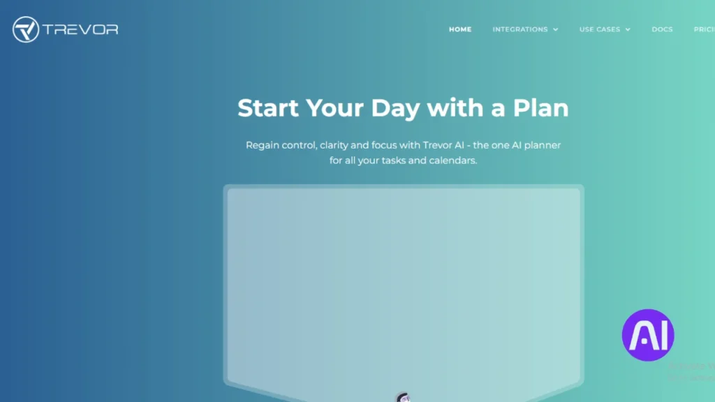 Screenshot of the Trevor AI dashboard showing a daily time-blocking interface. The screen displays a task list on the left and a synchronized calendar on the right with the headline "Plan your day, one task at a time."