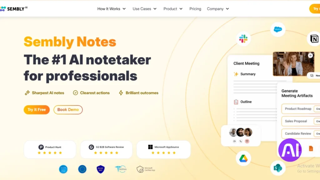 Sembly AI homepage highlighting an AI note-taking tool for professionals with meeting summaries and action items.