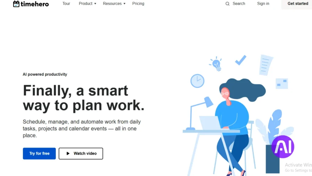Screenshot of the TimeHero interface featuring an automated work plan. The image shows a dynamic task list that auto-updates based on availability, with a "Risk Detection" column showing tasks nearing their deadlines.
