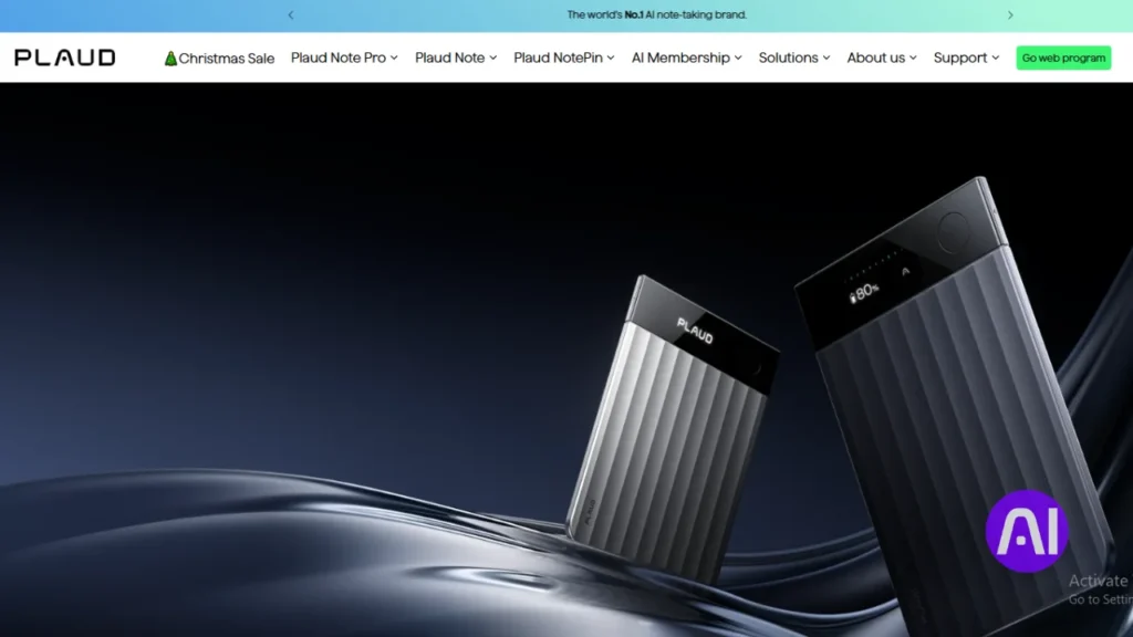 Plaud AI website homepage showcasing smart voice recording devices designed for AI-powered note-taking and transcription.