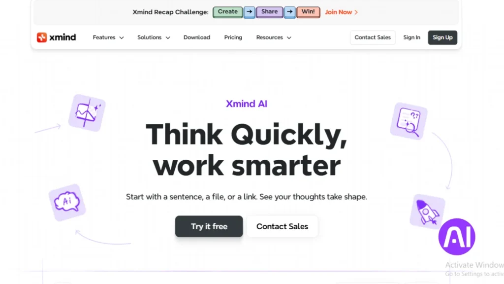 Screenshot of an Xmind AI mind map being converted into a project plan. It shows a central brainstorming node branching out into specific tasks with assignees and due dates, alongside a built-in Gantt chart view.