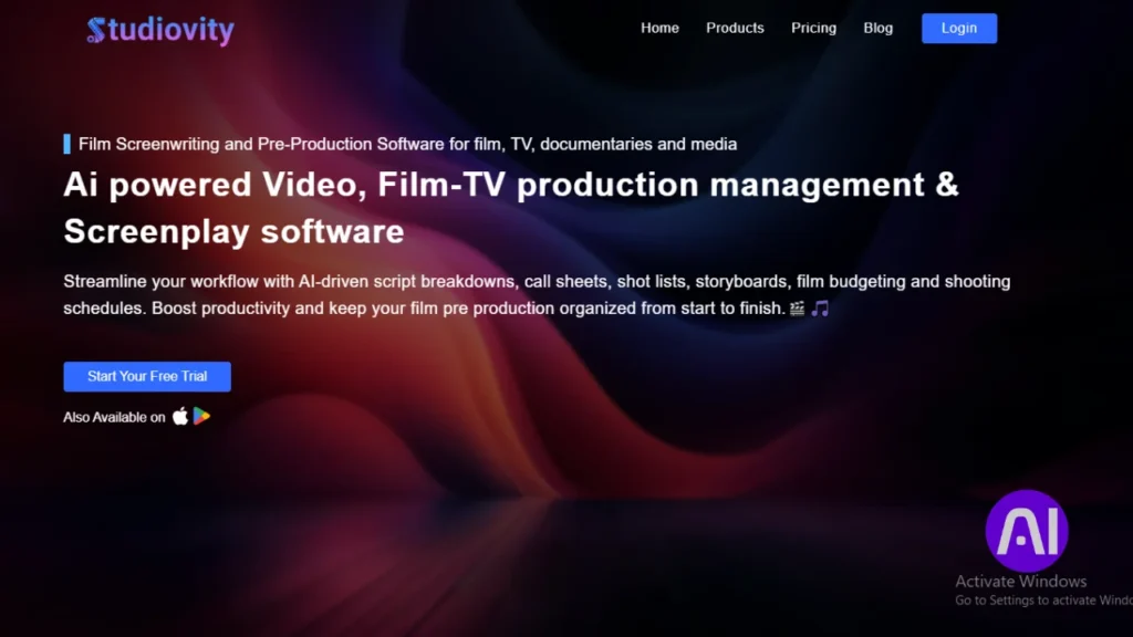 A screenshot of the Studiovity website featuring the headline "Ai powered Video, Film-TV production management & Screenplay software." The background is a vibrant, abstract mix of red, purple, and blue waves, with a blue "Start Your Free Trial" button.