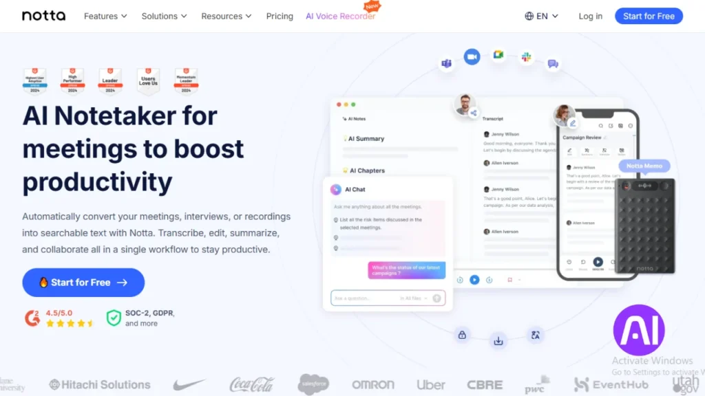 A sleek, modern microphone hovers against a minimalist gray background, its elegant form casting a soft, diffused shadow. The device's matte black exterior exudes a professional, studio-grade aesthetic, while its discreet silver accents lend an air of sophistication. The microphone's capsule is prominently displayed, its precise contours and perforated mesh grill conveying a sense of technical precision and audio fidelity. Subtle beams of directional lighting accentuate the microphone's curves, creating a sense of depth and dimensionality. The overall composition is clean, balanced, and visually striking, perfectly complementing the section title "Notta" and the article's focus on the best AI tools for voice recording. Homepage of Notta, an 'AI Notetaker for meetings to boost productivity,' showing a mobile interface with AI Notes, AI Summary, AI Chapters, and AI Chat features.