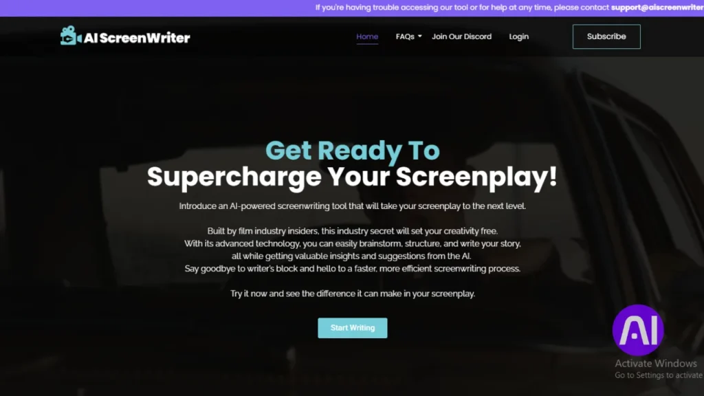 A screenshot of the AI Screenwriter homepage with the bold headline "Get Ready To Supercharge Your Screenplay!" The design features a dark, cinematic background image of a car interior and a bright teal "Start Writing" button.