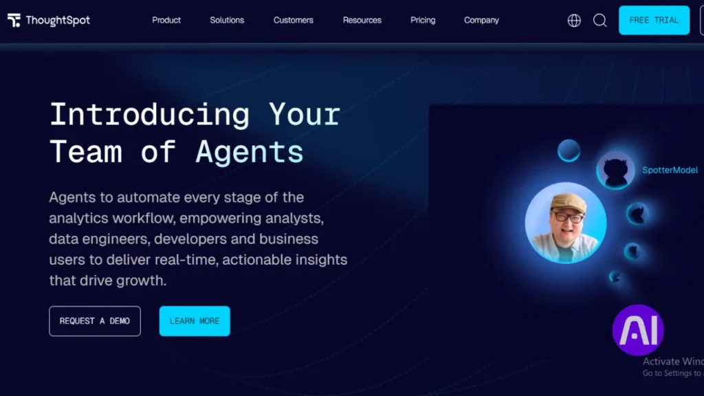 A screenshot of the ThoughtSpot homepage with a dark blue aesthetic. The headline reads "Introducing Your Team of Agents," describing AI agents that automate the analytics workflow for analysts and developers.