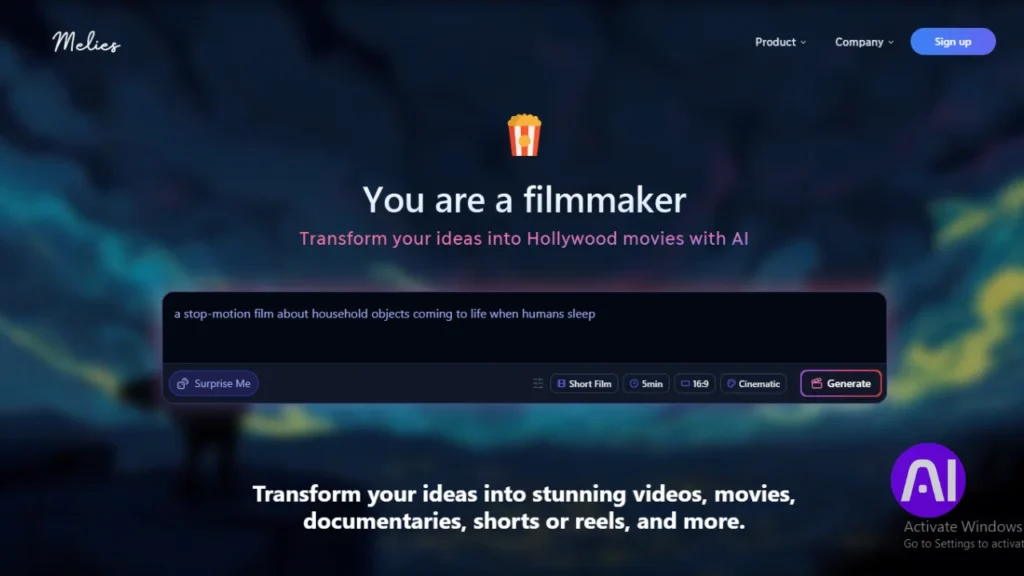A screenshot of the Melies web interface with the headline "You are a filmmaker." The page displays a dark, cinematic background with a central text prompt box containing a film idea about household objects coming to life, alongside a "Generate" button.