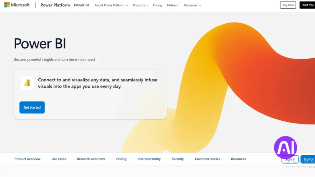 A screenshot of the Microsoft Power BI landing page featuring a vibrant orange and yellow abstract wave. The text emphasizes connecting to and visualizing any data to infuse visuals into everyday apps.