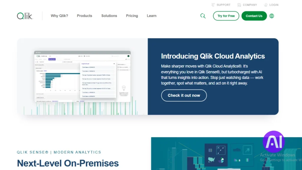 A screenshot of the Qlik homepage introducing Qlik Cloud Analytics. It shows a preview of a bar chart dashboard alongside text stating that the platform uses AI to turn insights into immediate action.